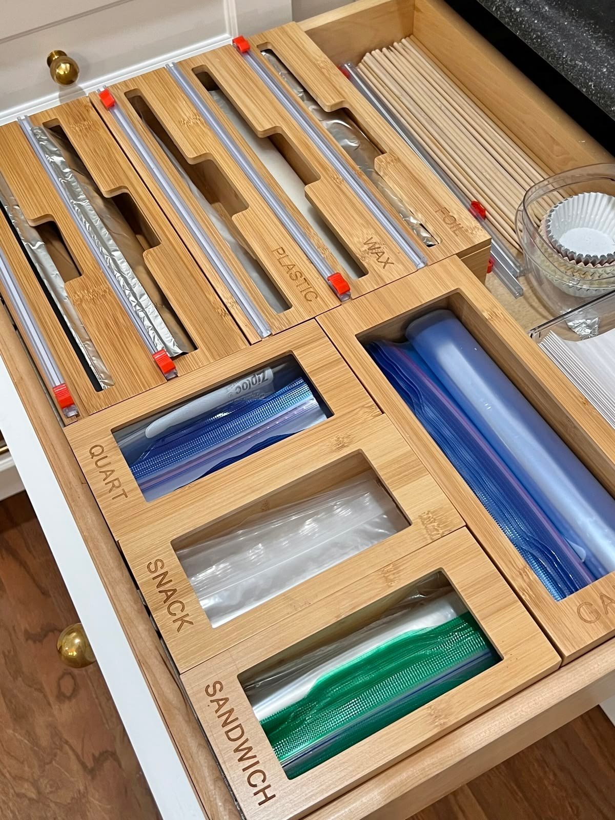 Organised drawer with wooden dividers