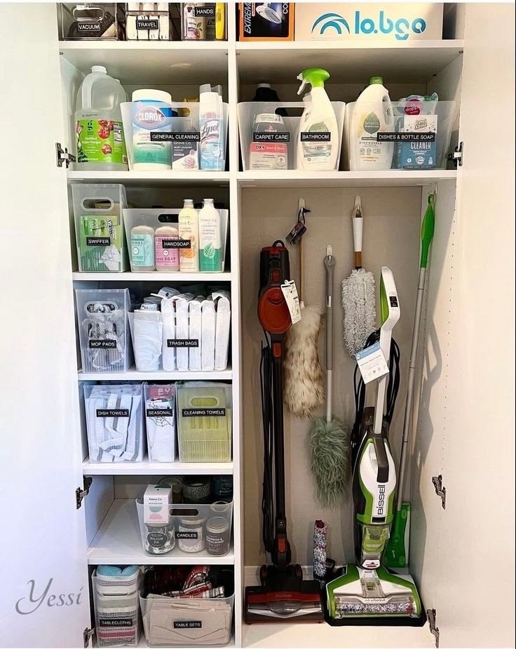 Organised closet with cleaning supplies