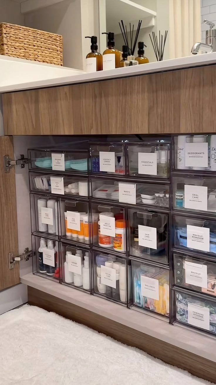 Organised shelf with labelled bins