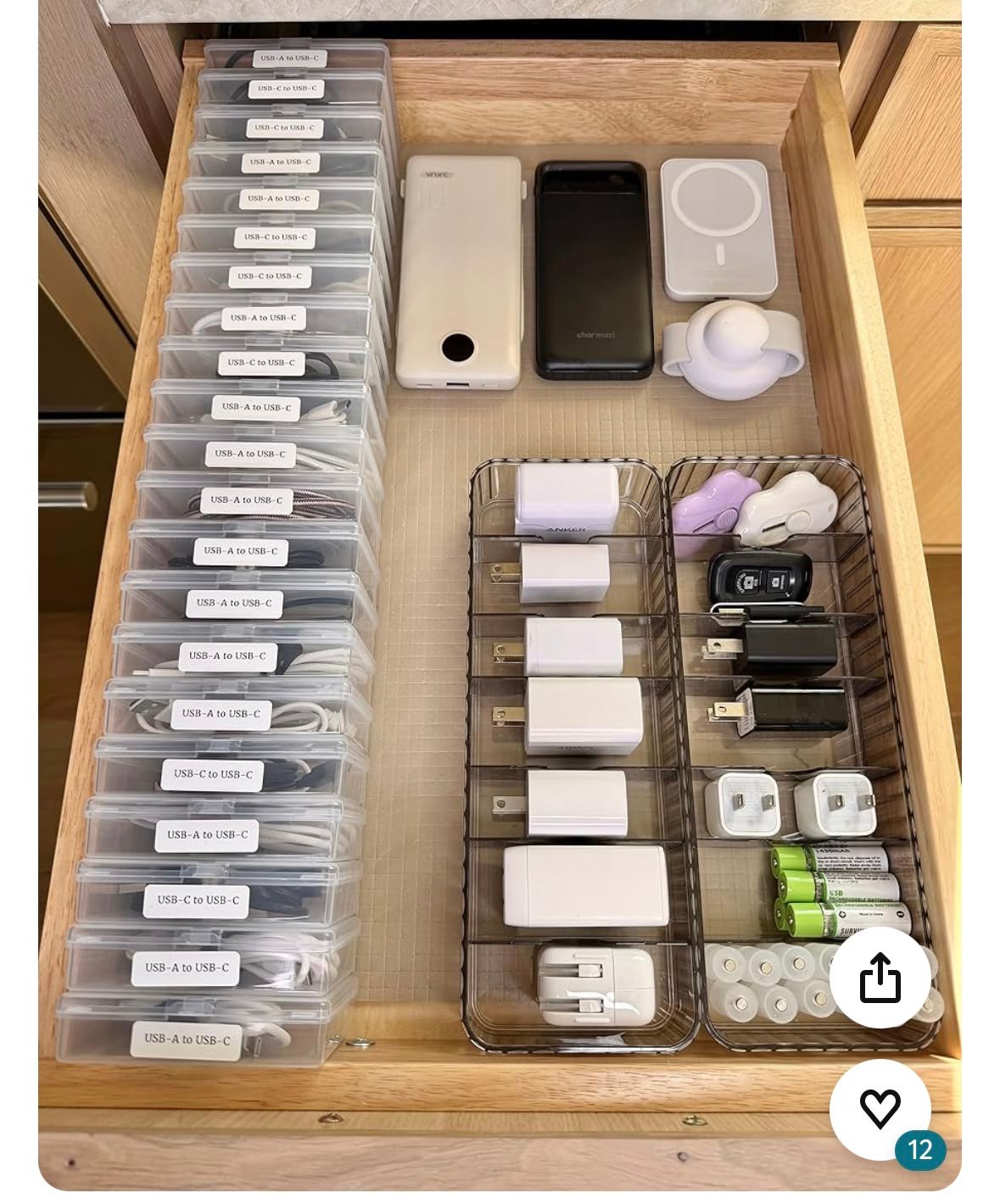 Organised drawer with labelled containers
