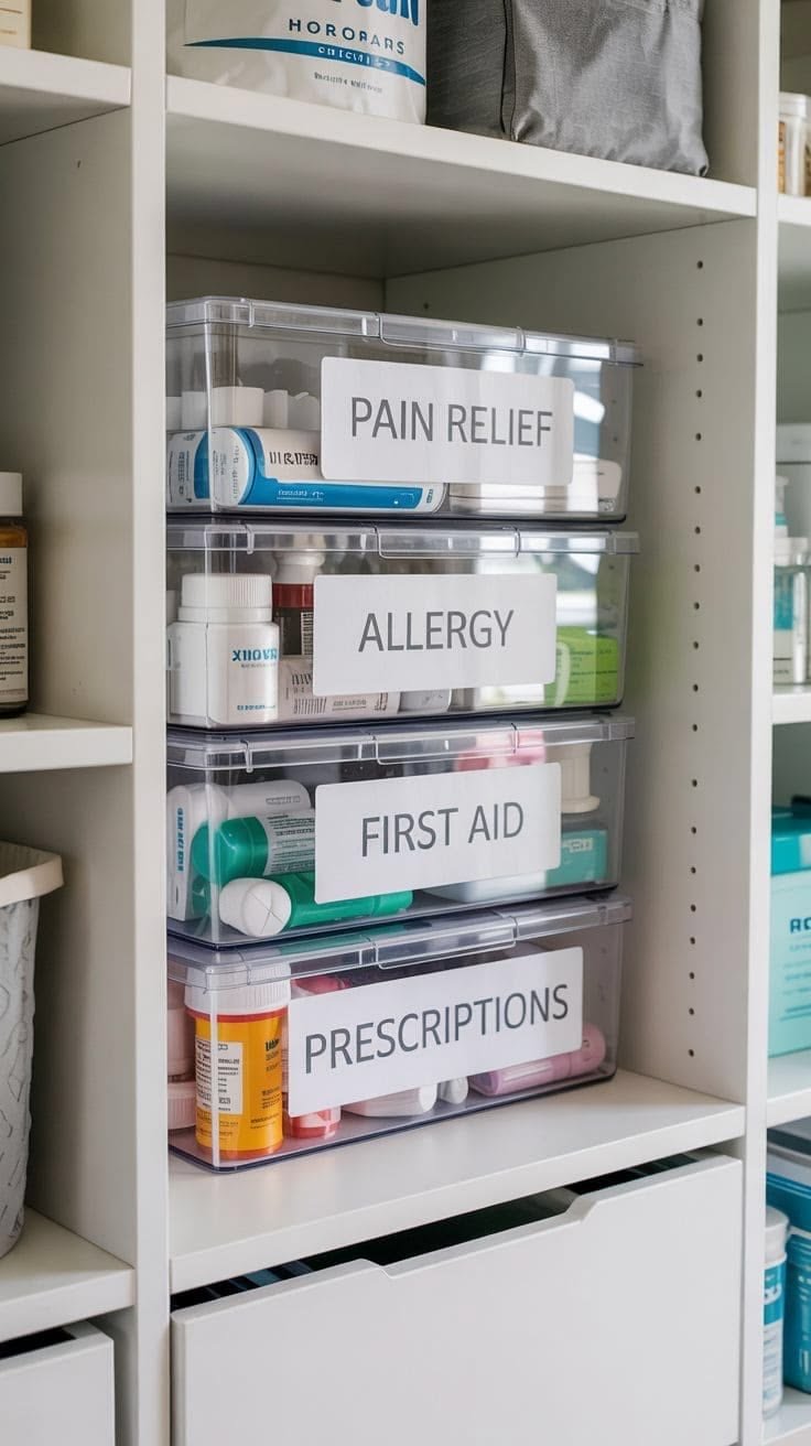 Organised shelf with labelled storage boxes