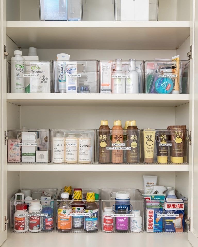 Organised shelf with household supplies
