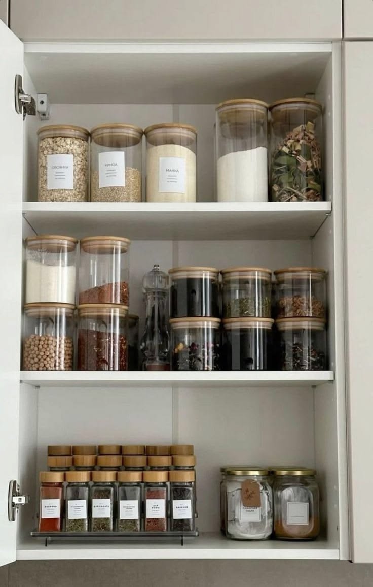 Organised pantry shelf with jars