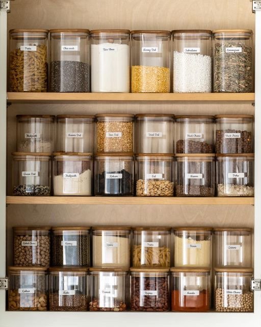 Organised pantry shelf with labelled jars